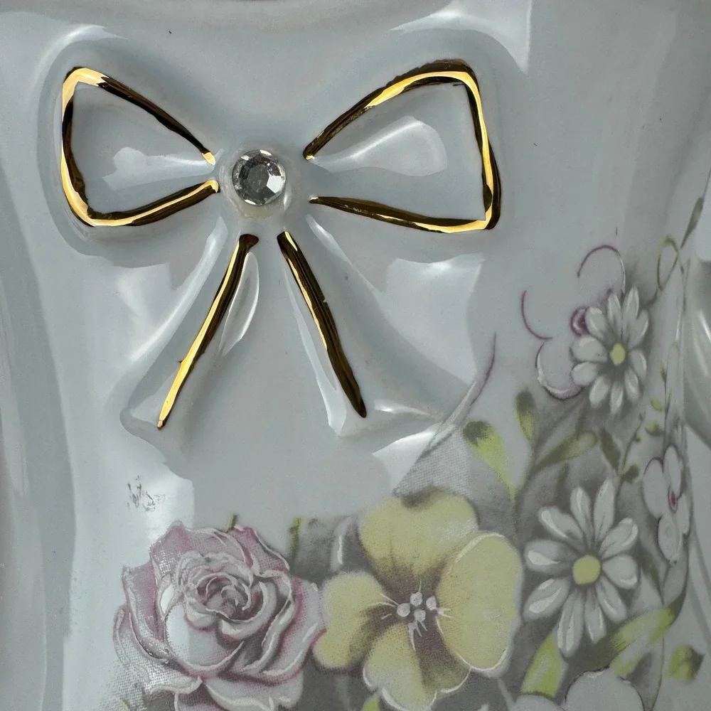 Vtg Valentin Italy Swan Handle Cachepot Planter Floral‎ Porcelain Gold Trim